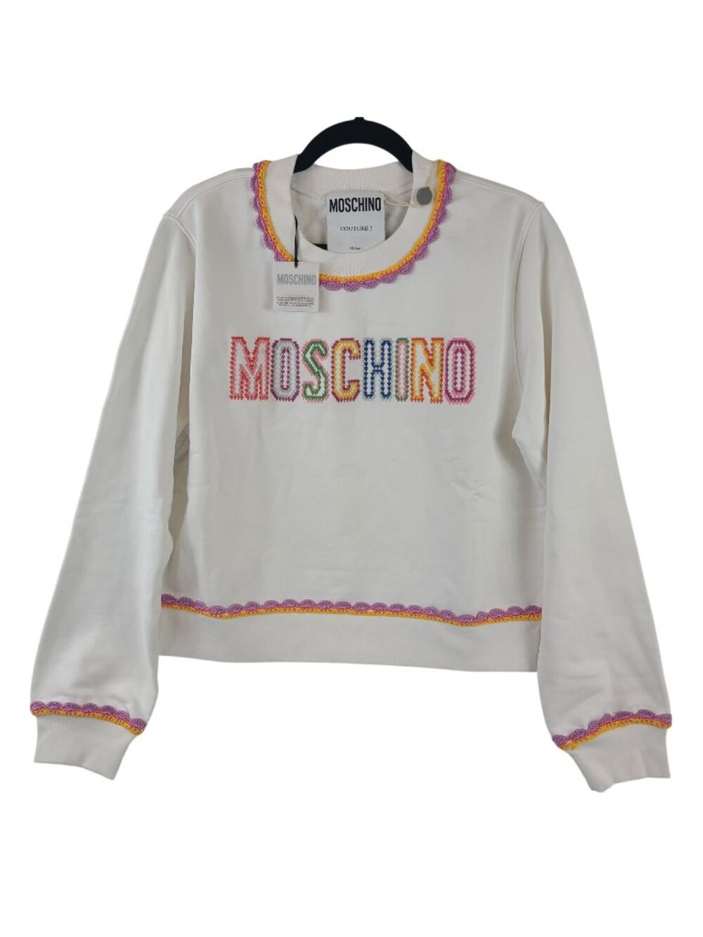 Moschino Couture Women's Macrome-Trim White Sweatshirt Crocheted Sz 42 M-L